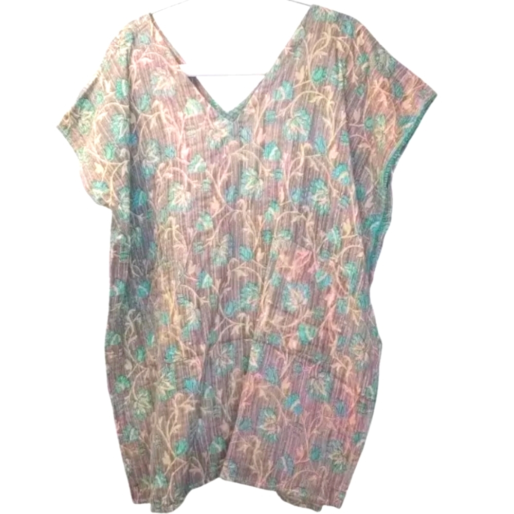 Kantha Patchwork Kimono V-neck Poncho Top Colorful Patch Pockets Woman One Sz #B